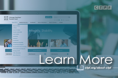 Learn More about CTPF Graphic featuring a laptop opened up to CTPF's website. A slight blue overlay over the image. The CTPF logo is in the top right corner. The graphic says "Learn More. ctpf.org/about-ctpf."