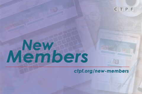 Graphic that has a picture of a laptop with CTPF's website on the screen. There is a light purple overlay. The CTPF logo is in the top right corner. The graphic reads "New Members. ctpf.org/new-members."