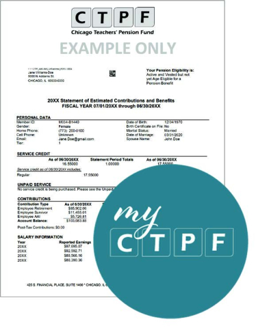 A graphic of a member statement with a circle that says myCTPF in the bottom right-hand corner in "Fund Blue"