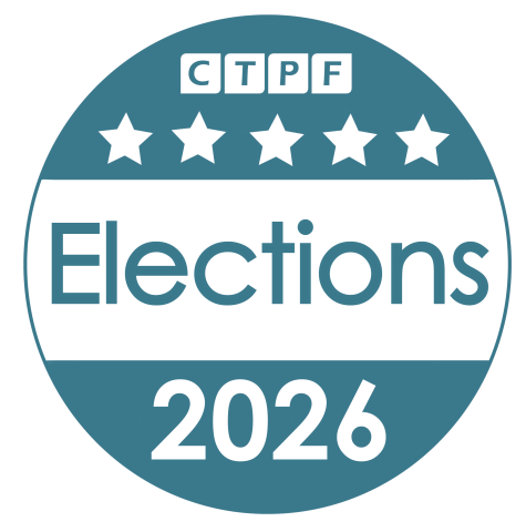 2026 CTPF Board of Trustees Election Logo. The logo is round and features the CTPF "Fund Blue" color and white. At the top it has the CTPF logo in white, below that is five stars, then it says Elections 2026